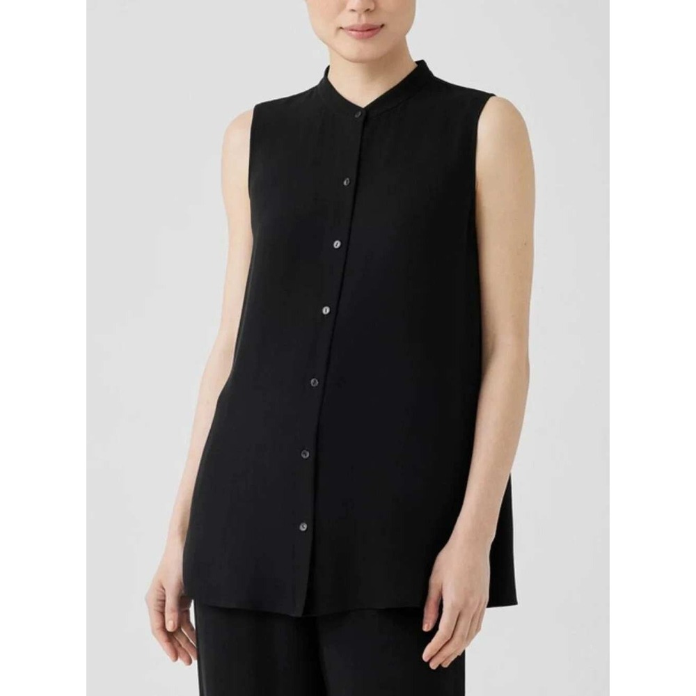 Eileen Fisher 100% Silk Black Mandarin Collar Sleeveless Button Down Blouse - L